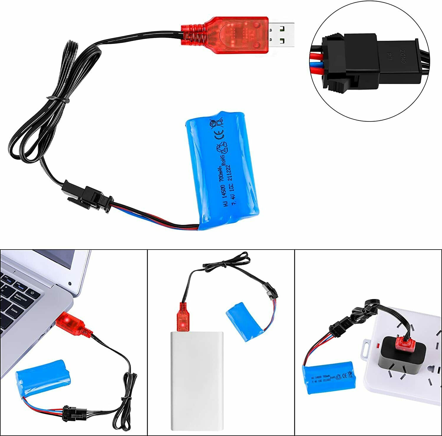 7.4V 700mAh SM-4P Plug Li-ion Battery USB Charger for RC Car Truck Boat Vehicle