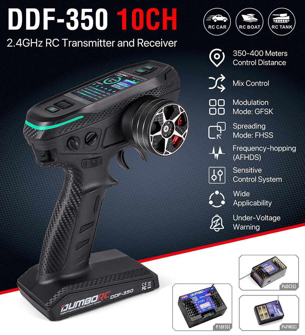 DUMBORC DDF-350 Transmitter w/ Receiver 2.4G 10CH for RC Car Boat Tank LCD FHSS