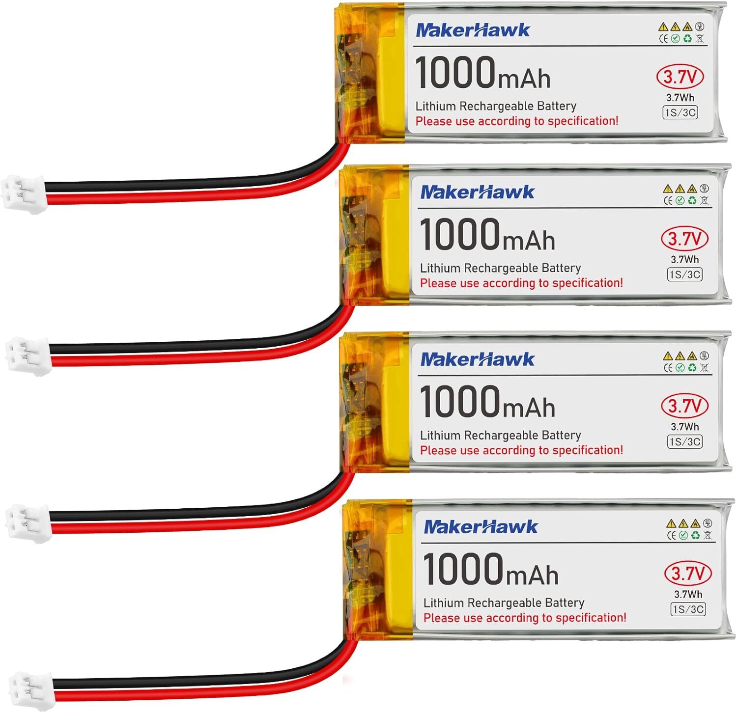 3.7V 1000mAh 1S 3C 102050 LiPo Battery with JST Plug for Electronic Device US