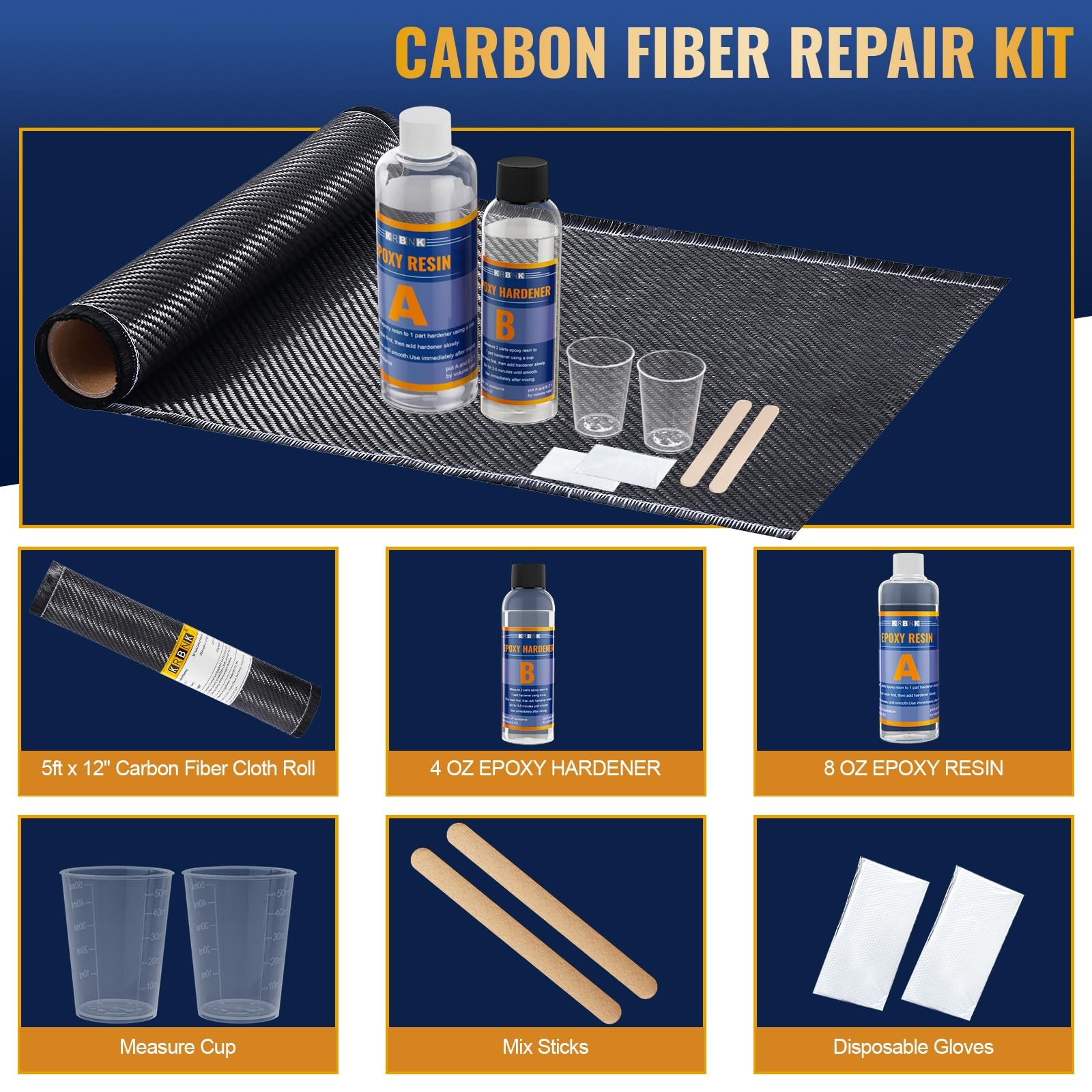 Krbnk 5FT Carbon Fiber Cloth + Epoxy Resin, + Resin