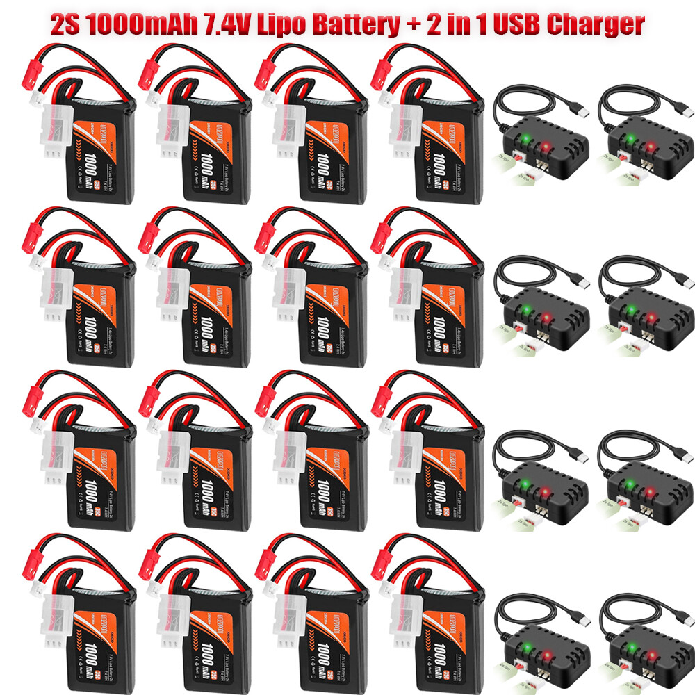 2S 1000mAh 7.4V Lipo Battery SCX24 PH2.0 & JST Plug 35C+ 2 in 1 USB Charger Cars