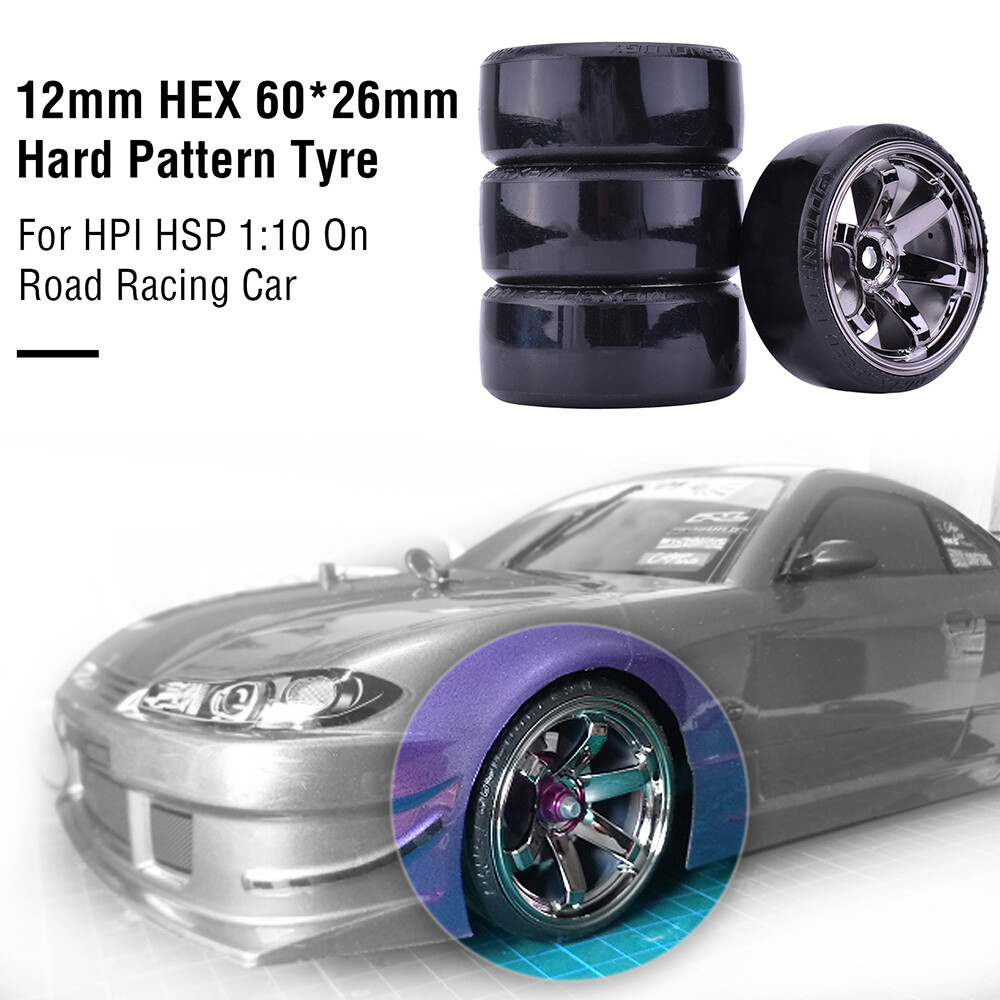 4x Hard Pattern Tyre Drift Tires Wheels 12mm Hex for HPI HSP 1:10 RC Racing Car