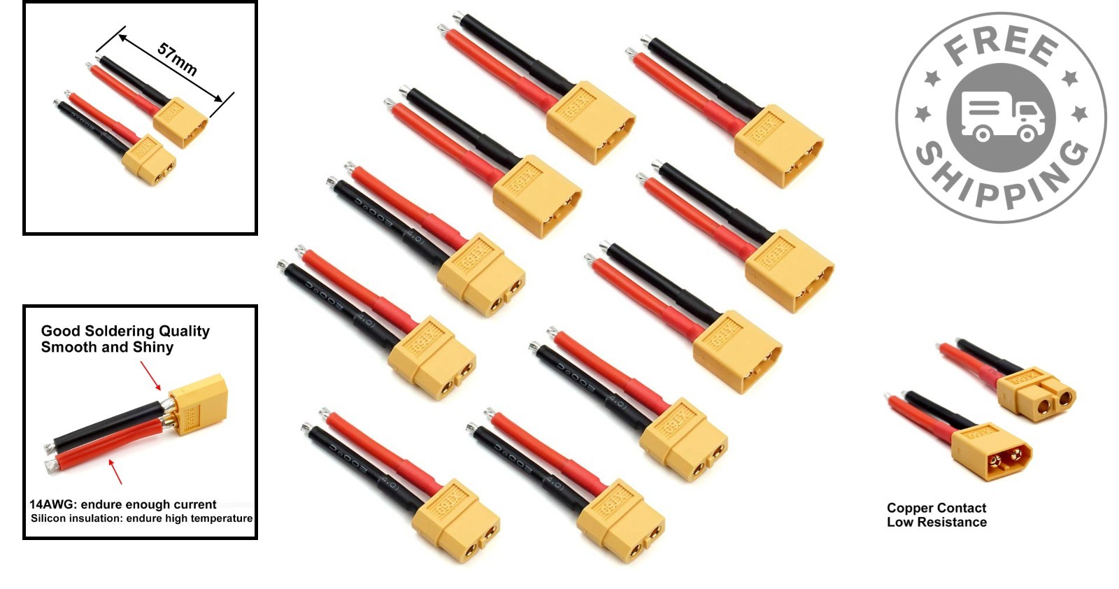 Reliable XT60 Male & Female Connectors with 14AWG Wire for RC Drone Batteries