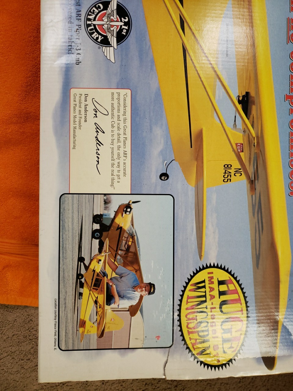 GREAT PLANES Piper J-3 Cub ARF RC Plane – 81″ Wingspan – New – P26