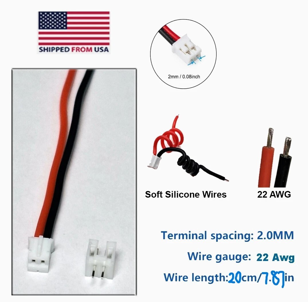 Mini Micro JST 2.0 PH 2-Pin Connector Plug with 20cm Wires Cables Wholesale