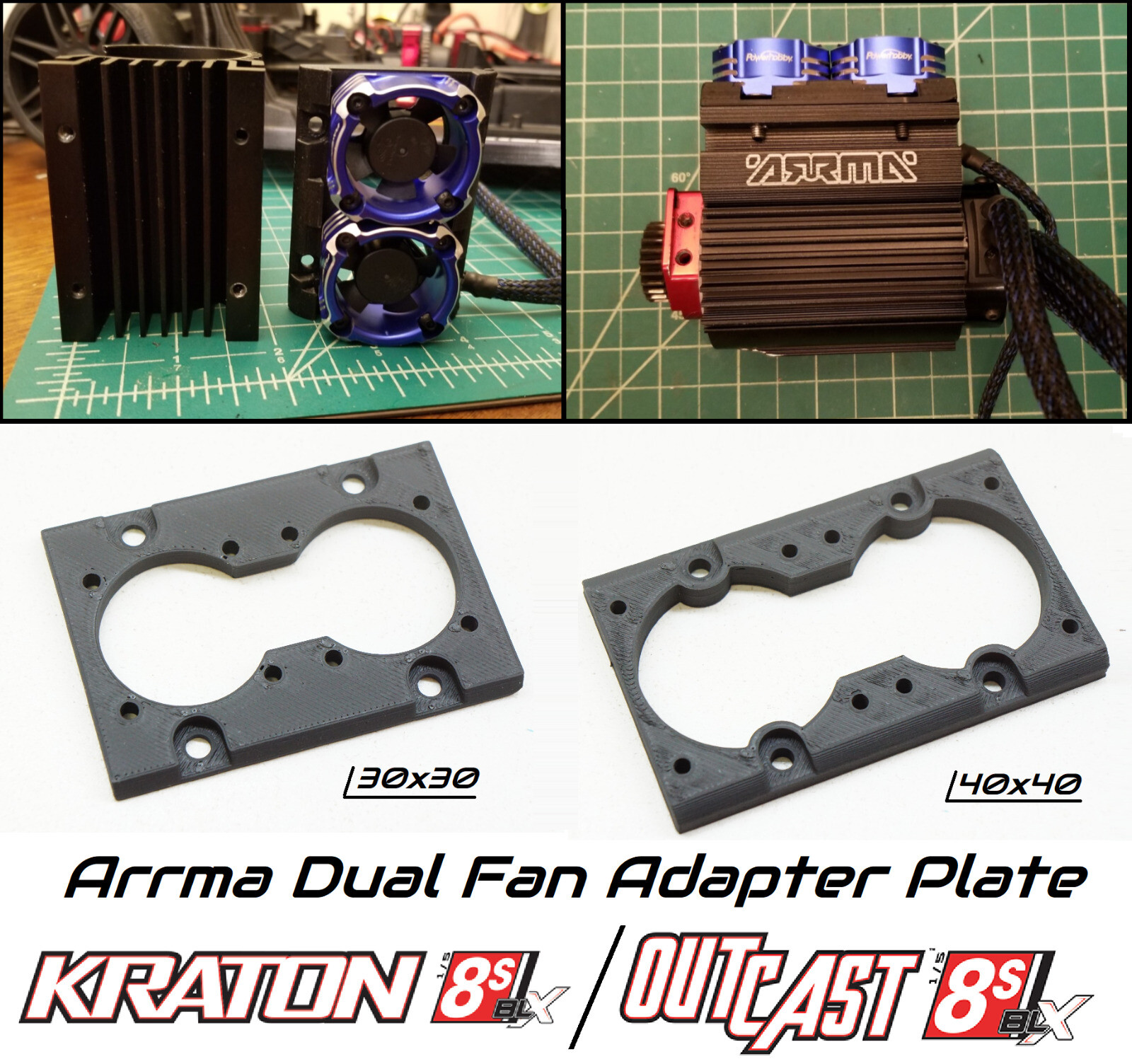 Dual 30×30 or 40×40 Fan Mount Adapter Plate for Arrma 8s 1/5 Kraton & Outcast
