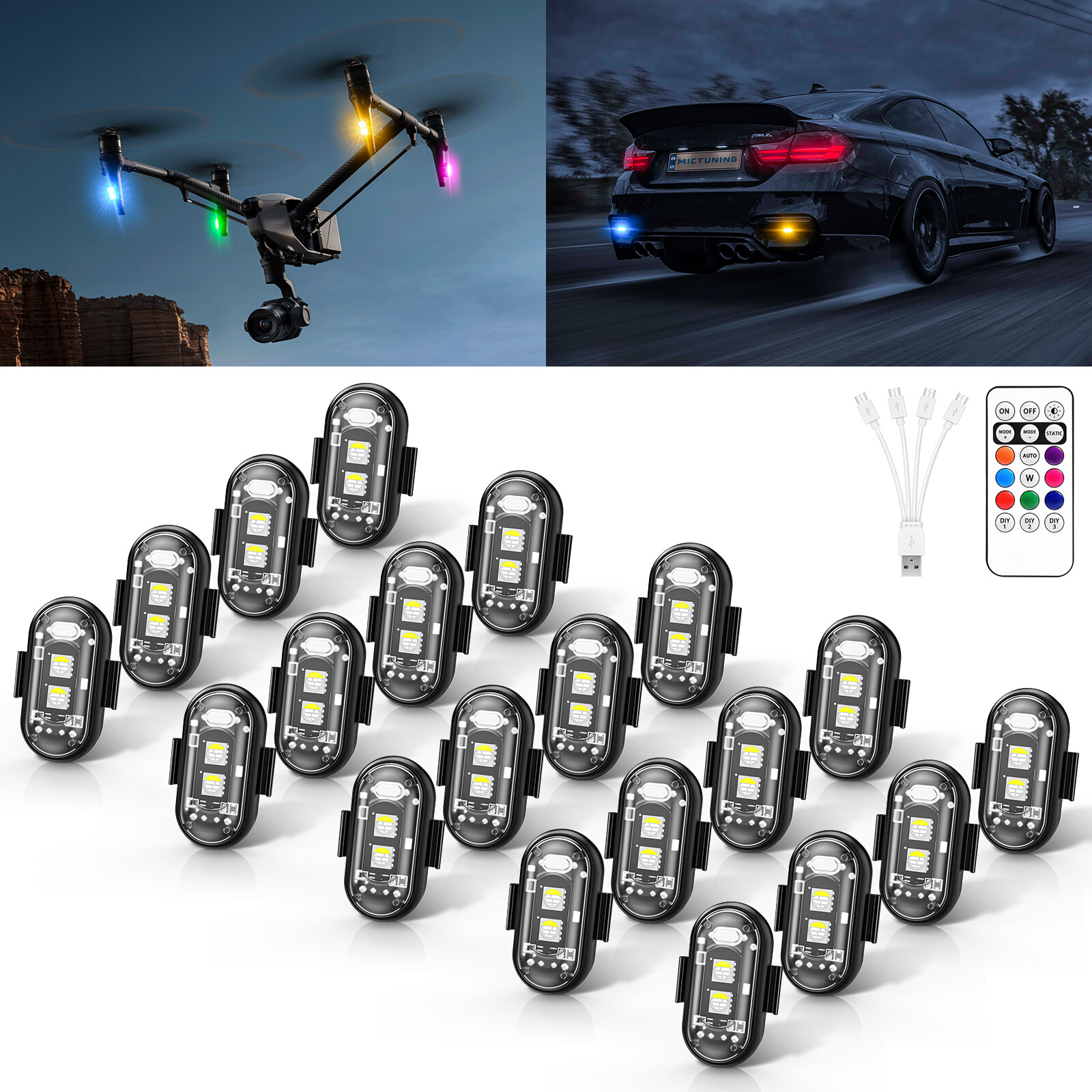 20PCS Wireless LED Strobe Lights RGB 8 Color Rechargeable Flashing Light Remote