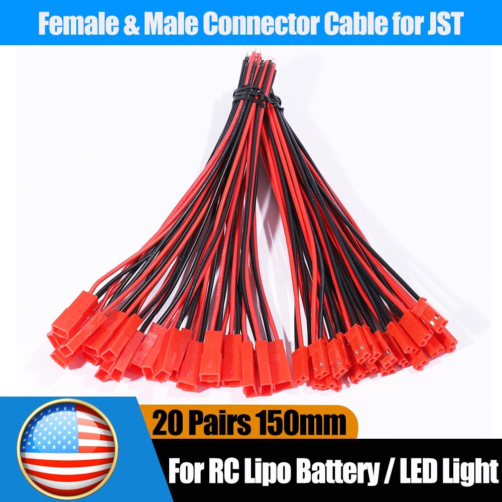 20set Cable Wire for JST Plug Male Female Connector RC Lipo Battery 1.25PH 2-Pin