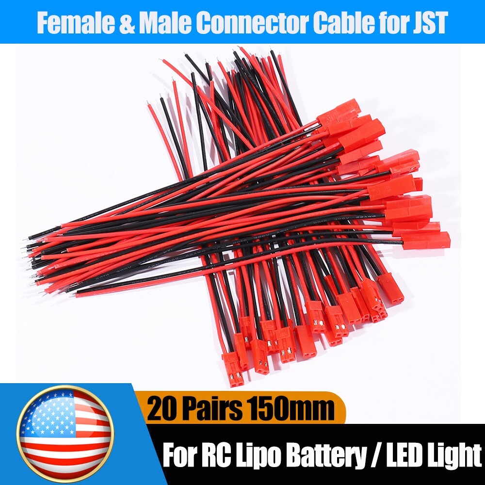 20set Cable Wire for JST Plug Male Female Connector RC Lipo Battery 1.25PH 2-Pin