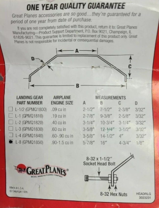 Great Planes Dural Aluminum Landing Gear L-1 .19 Size GPMQ1810 – NEW!