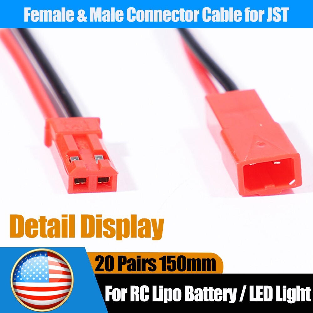 20set Cable Wire for JST Plug Male Female Connector RC Lipo Battery 1.25PH 2-Pin