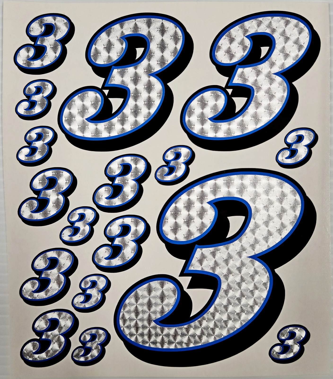 Racing Numbers 3 Decal Sticker Silver Engine Turn Blue Black 1/8 1/10 RC S10