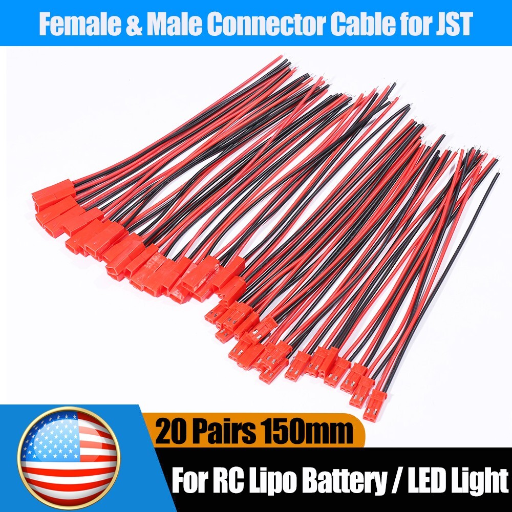 20set Cable Wire for JST Plug Male Female Connector RC Lipo Battery 1.25PH 2-Pin