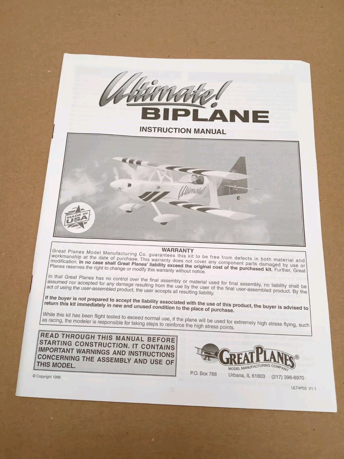 GREAT PLANES – Ultimate Biplane .40 Size RC Cowl- 43″ Wingspan – New