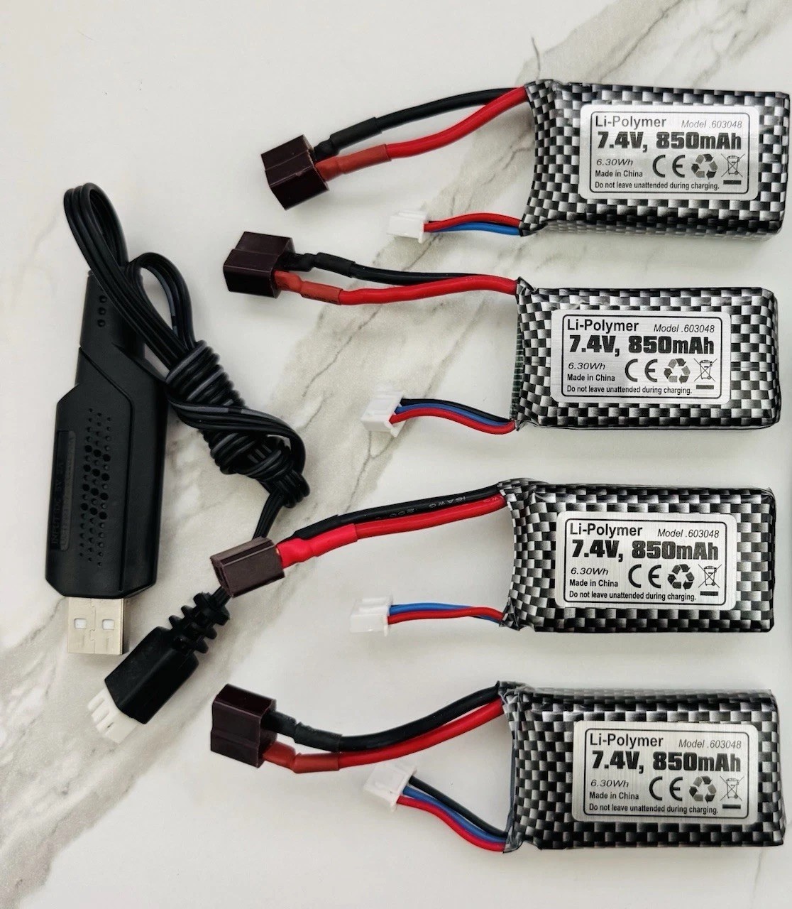 4X 850mAh 2s 7.4v Lipo T-Plug Battery & Charging Cord