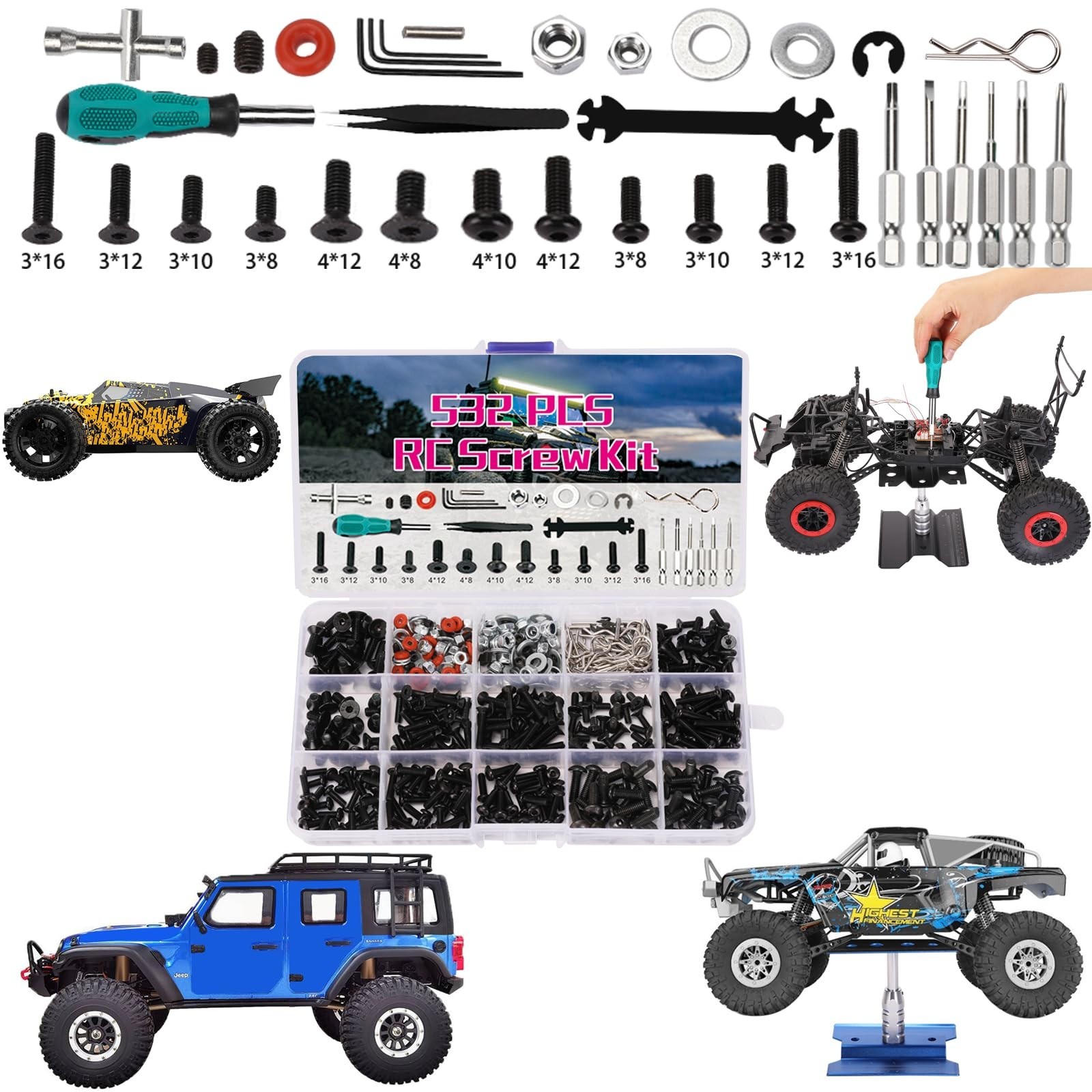 RC Car Repair Work Stand 532 PCS RC Repair Tool Screws Set Kit 360 Degree Rot…