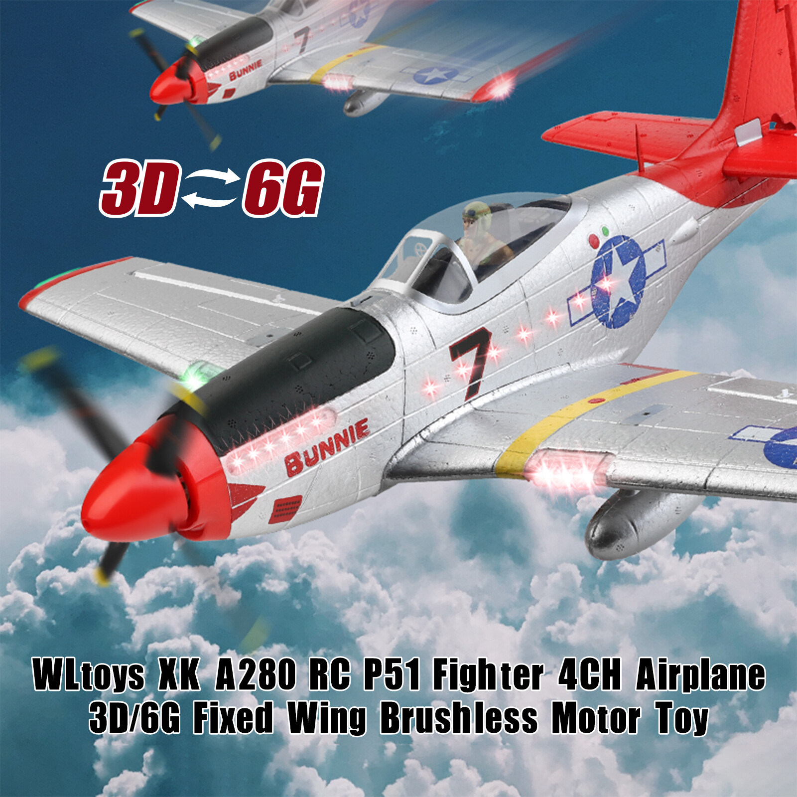 WLtoys XK A280 RC P51 Fighter 4CH Airplane 3D/6G Fixed Wing Brushless Motor Toy,
