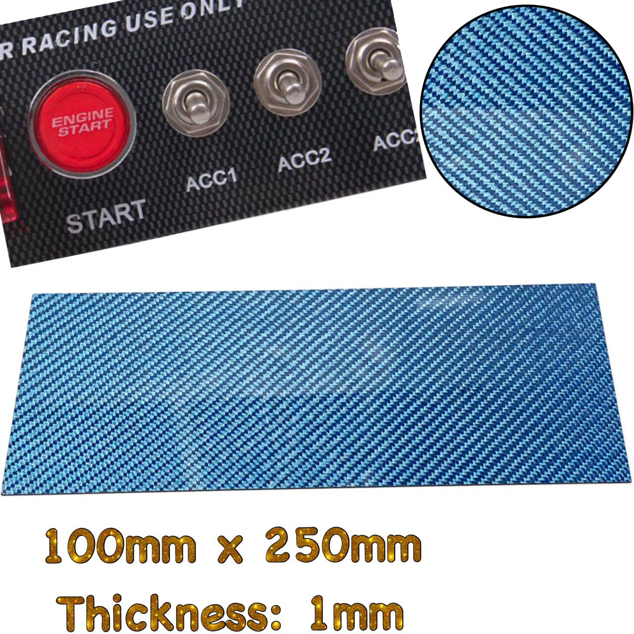 Real Carbon Fiber Gloss Blue Twill Sheet Panel Plate Plain 1mm x 100mm x 250mm