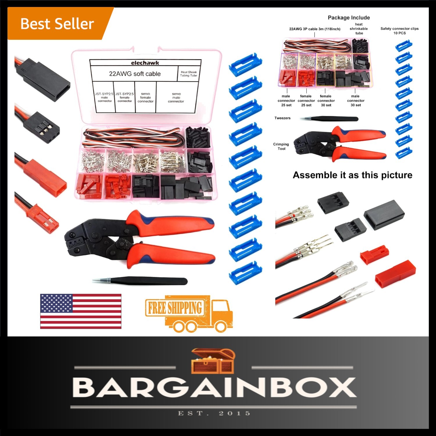 55 Piece Male-Female Connector Set with Ergonomic Crimping Tool for RC