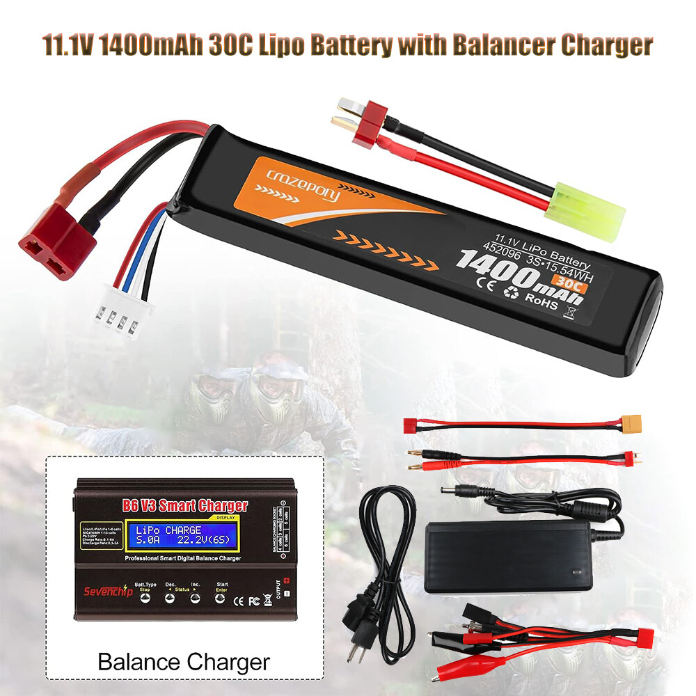 11.1V 1400mAh 30C Airsoft Lipo Battery T Plug to Tamiya + B6 V3 Battery Charger