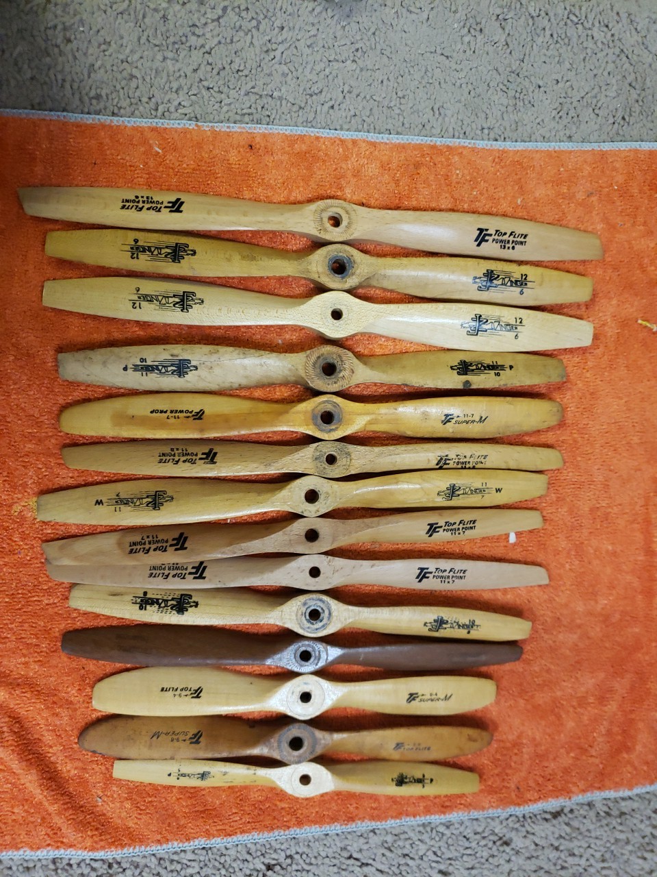 Lot Of 14 Wood Props – JZ & Top Flite Wood Propeller – 9″ To 13″ Size Props