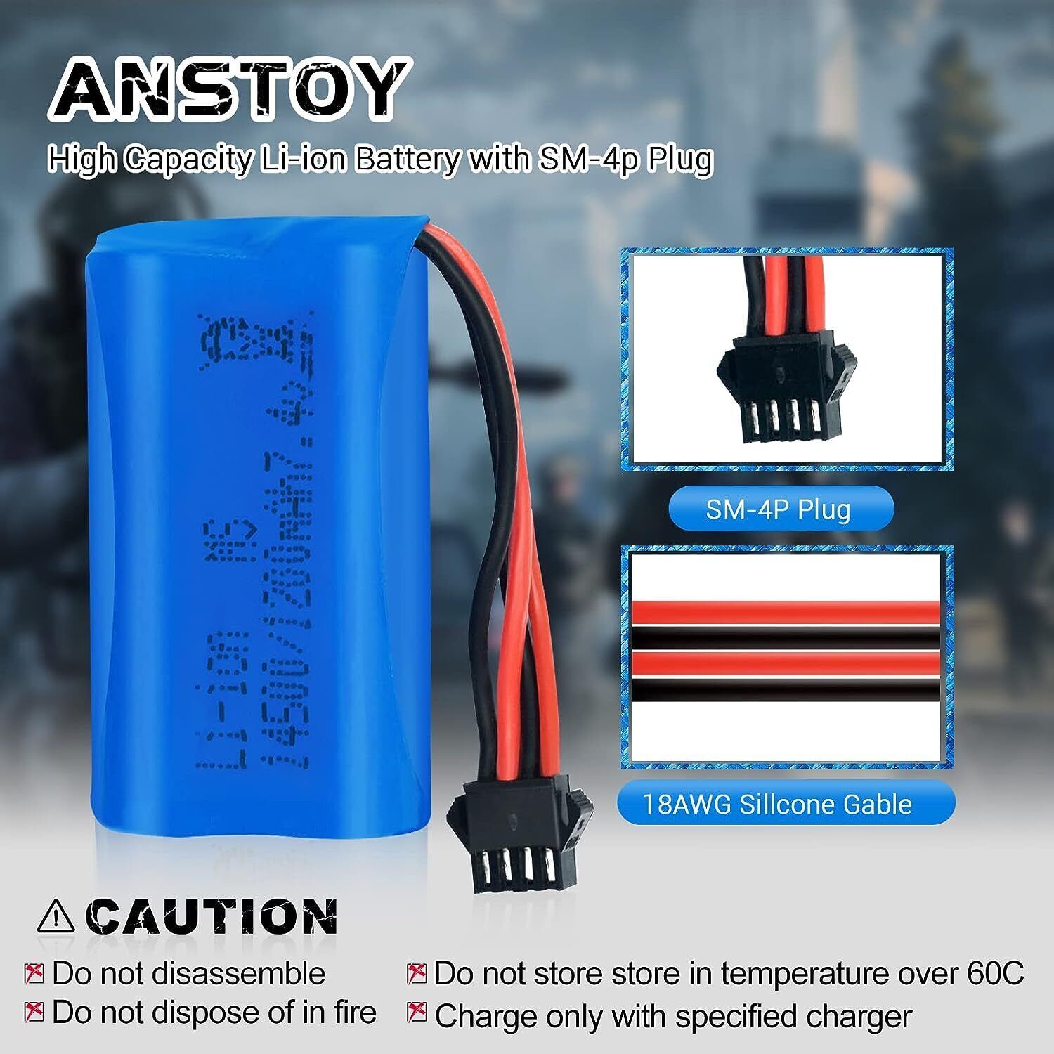 1×7.4V Li-ion Battery 1200mAh Rechargeable SM-4P Plug Charging Using Integration