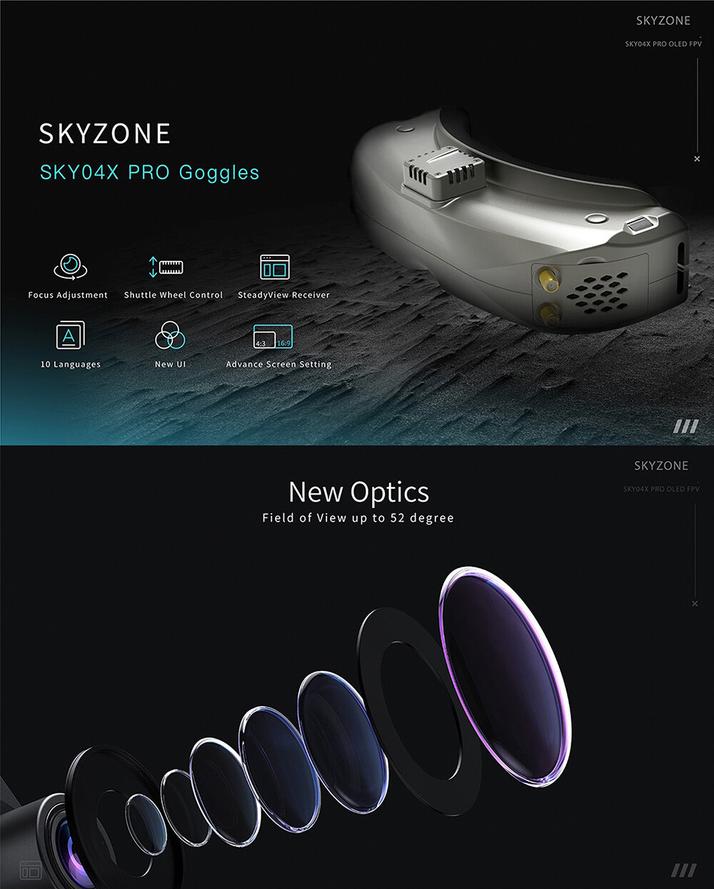 SKYZONE SKY04X PRO OLED 5.8G 48CH Steadyview Receiver 1920X1080 DVR FPV Goggles