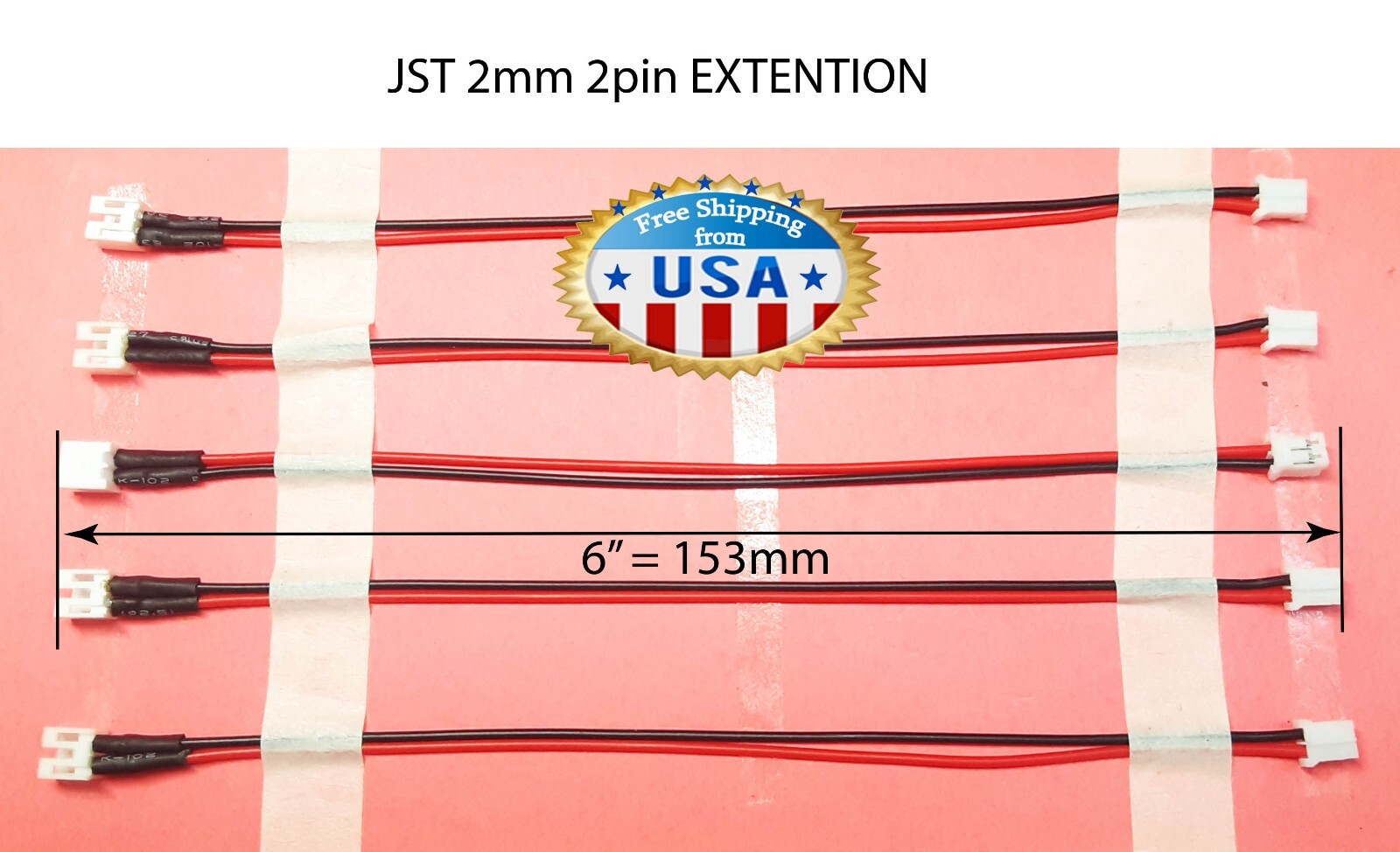 5 x Mini JST PH 2.0mm 2Pin EXTENTION, MALE / FEMALE W. 6″ Cable.