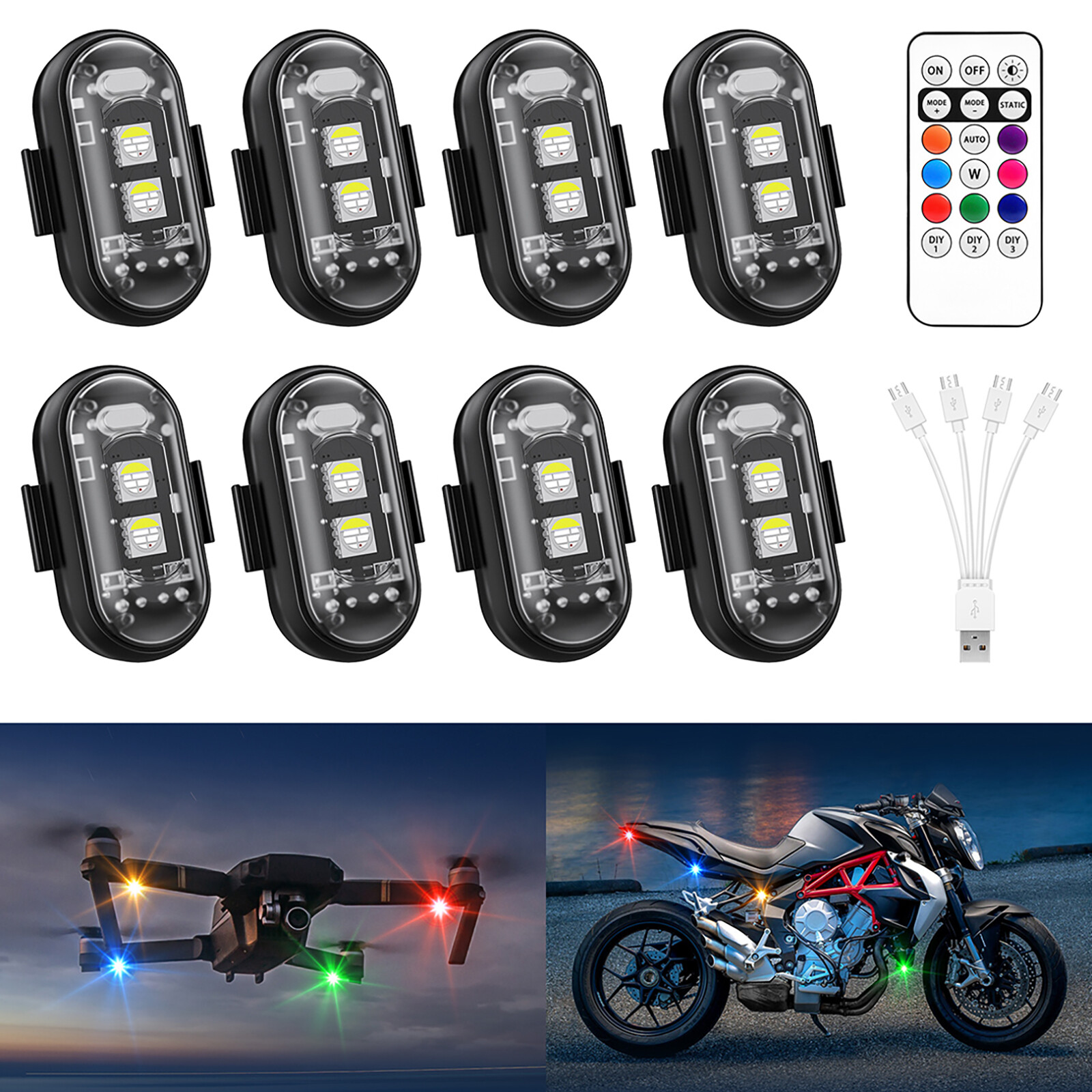 8Pcs RGB LED Strobe Light Wireless Remote Control Car Bike Motorcycle Flash Lamp