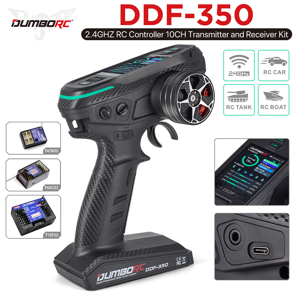 DUMBORC DDF-350 Transmitter w/ Receiver 2.4G 10CH for RC Car Boat Tank LCD FHSS
