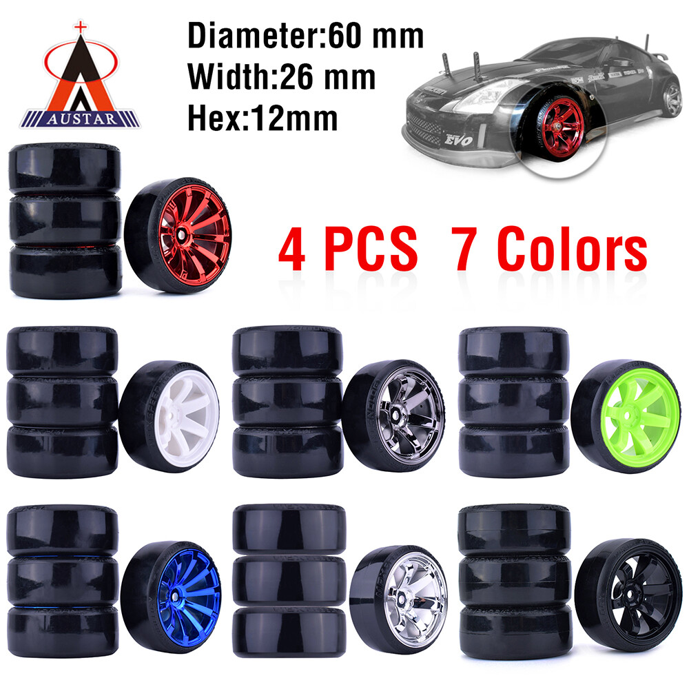 4x Hard Pattern Tyre Drift Tires Wheels 12mm Hex for HPI HSP 1:10 RC Racing Car