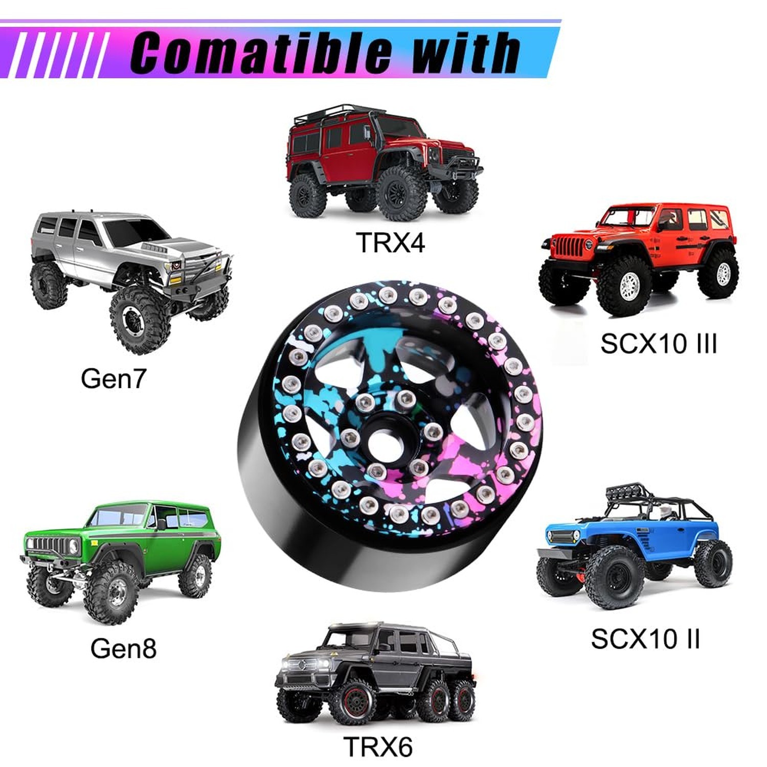 GLOBACT Aluminum 1.9 Beadlock Wheels Splash Anodizing Offset -10.5mm RC Wheel…