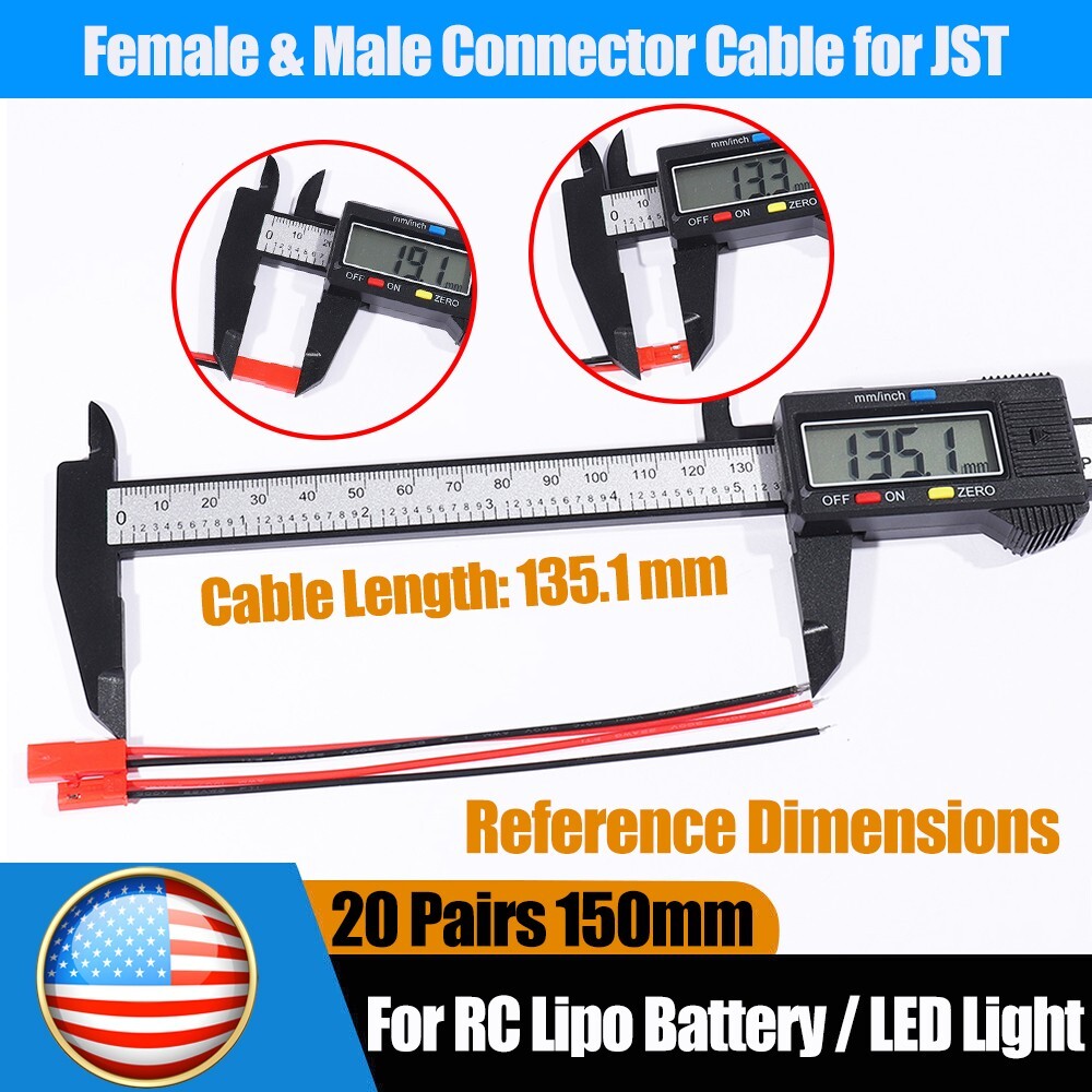 20set Cable Wire for JST Plug Male Female Connector RC Lipo Battery 1.25PH 2-Pin