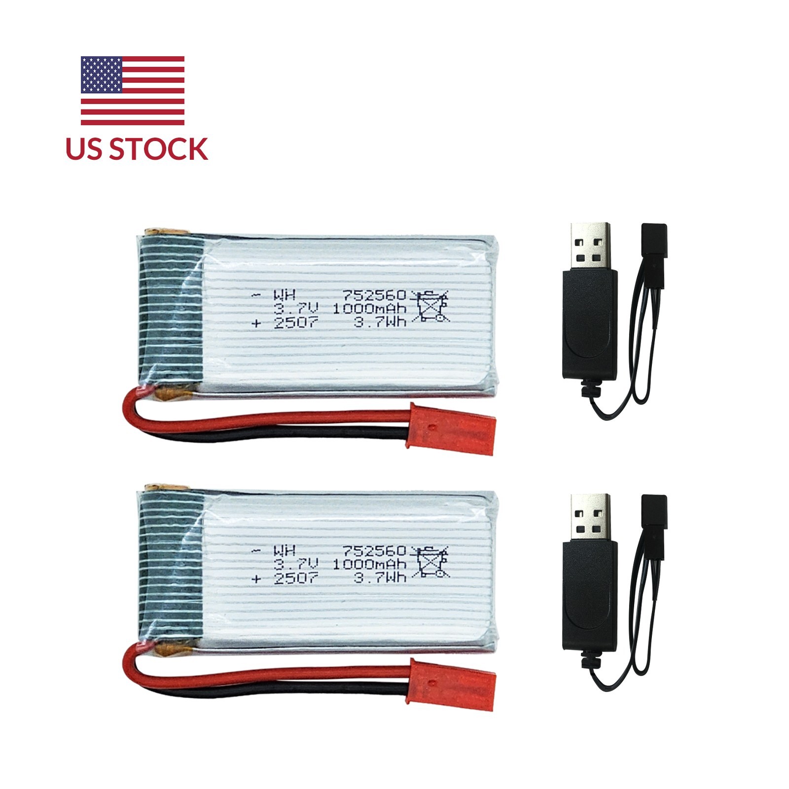 2PCS 3.7V 1000mAh Li-Po Batteries with USB Chargers,Compatible with F22 RC PLANE