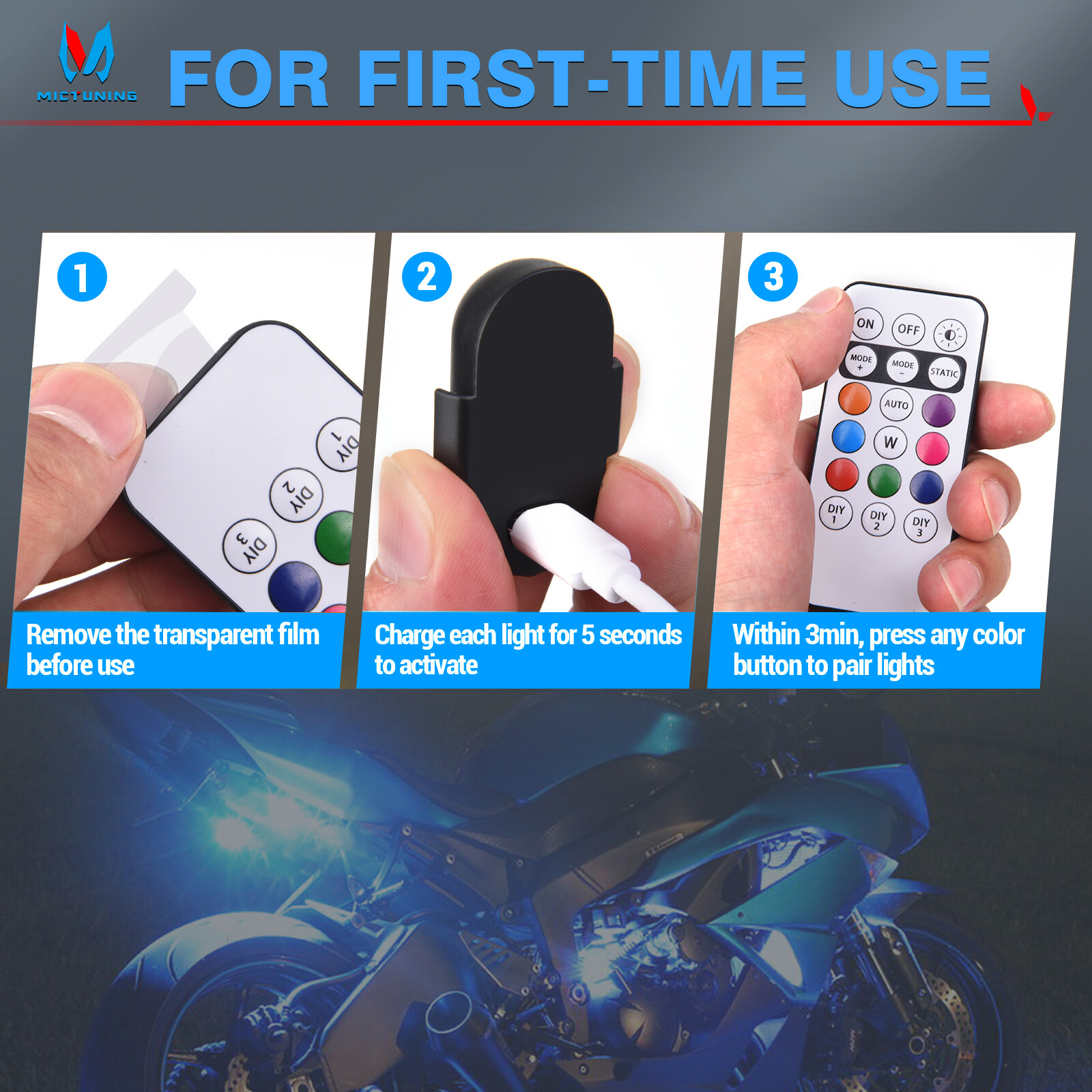 12Pods Wireless RGB Strobe Lights USB Rechargeable Remote Bike/ATV Motor Lights