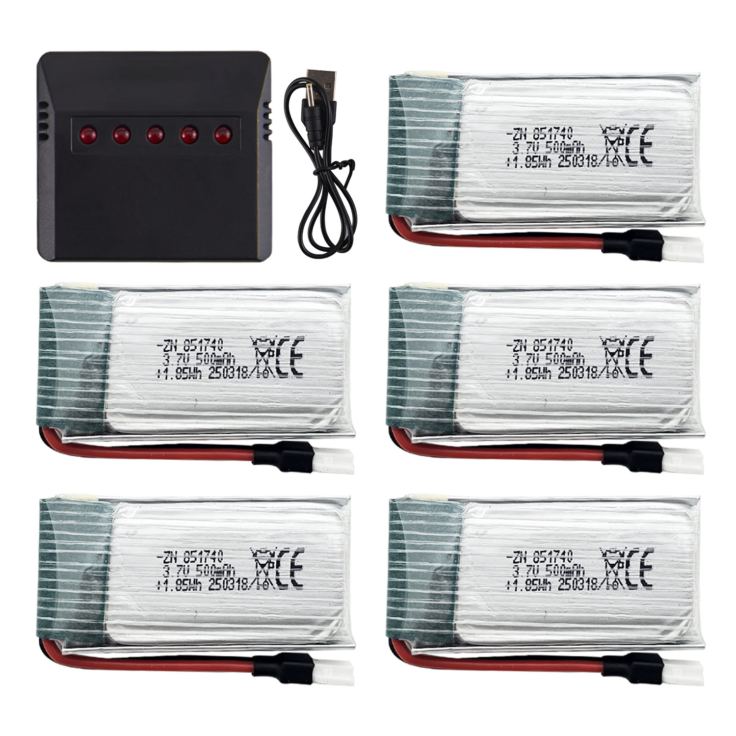Volantexrc 3.7V 500mAh Li-Po Battery 5PCS, with Five-Port USB Charger