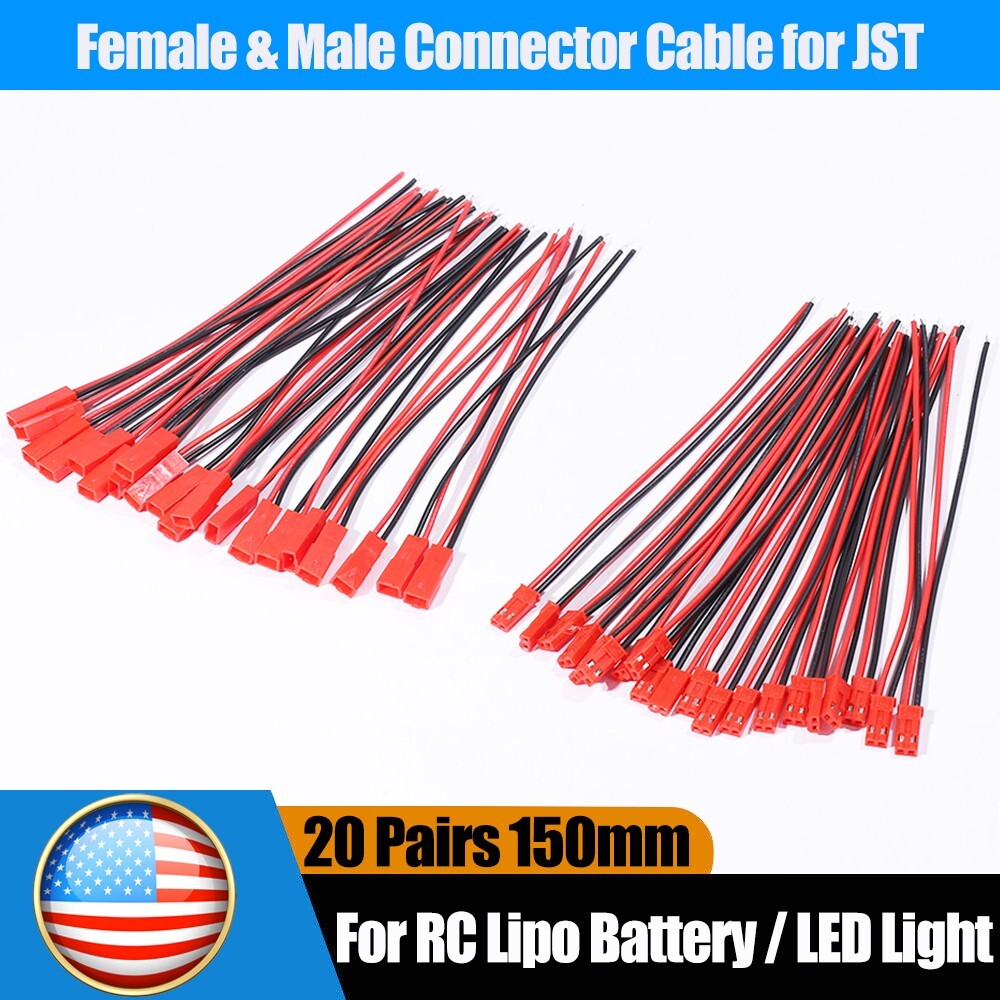 20set Cable Wire for JST Plug Male Female Connector RC Lipo Battery 1.25PH 2-Pin