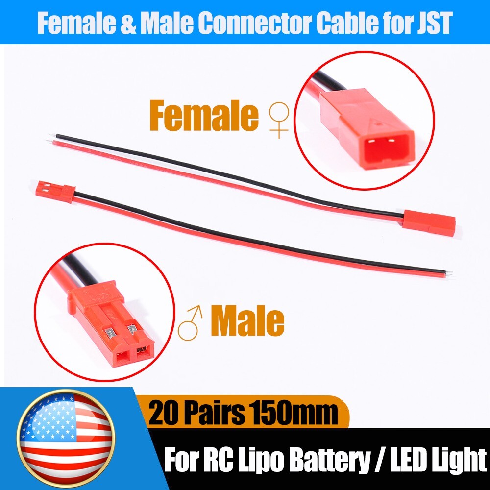 20set Cable Wire for JST Plug Male Female Connector RC Lipo Battery 1.25PH 2-Pin