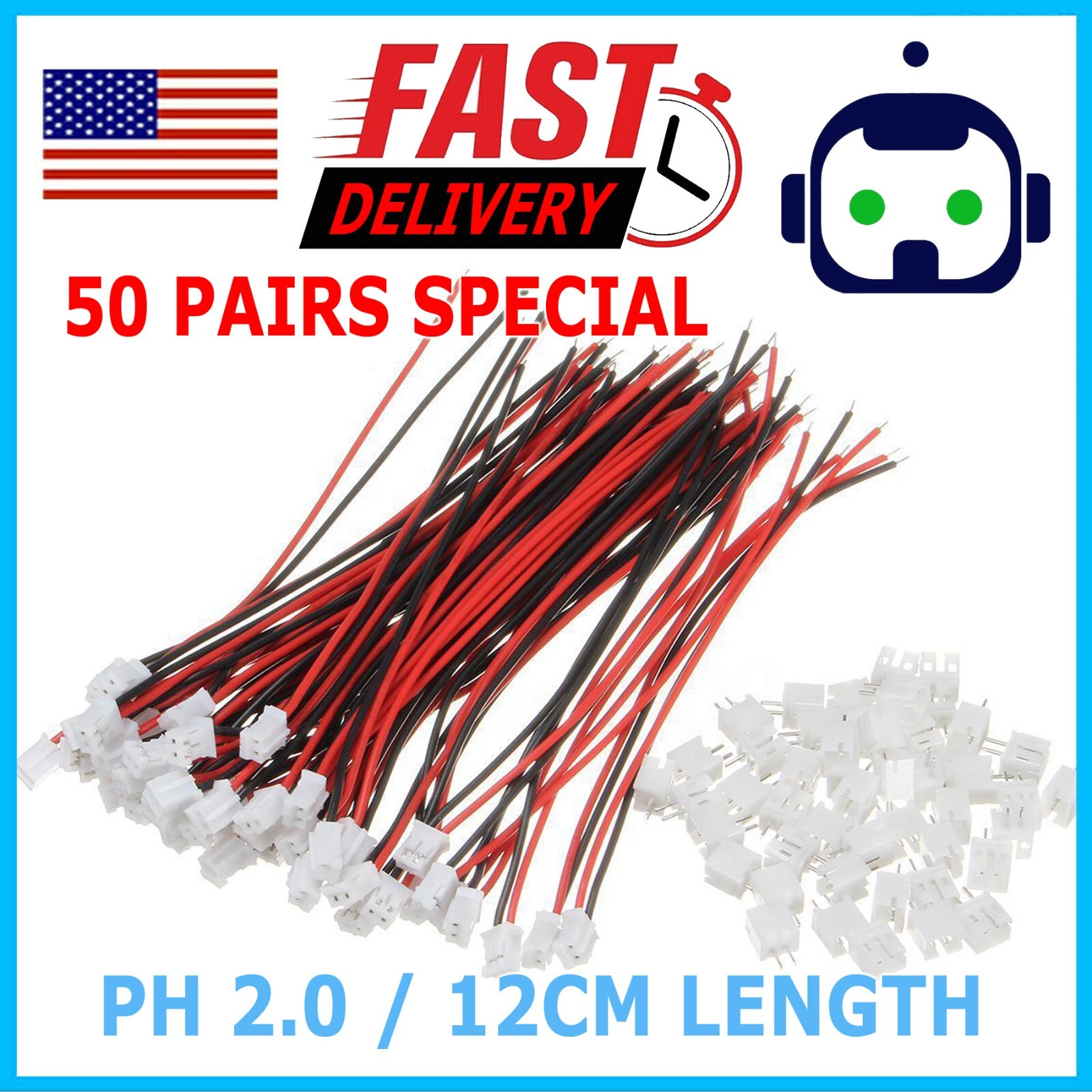 50 SETS Mini Micro JST 2.0 PH 2-Pin Connector plug with Wires Cables 120MM