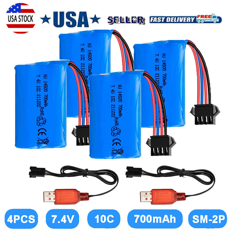 4x 7.4V 700mAh 10C Li-ion Battery Pack SM-4P Plug USB Charger for UDI902 RC Boat