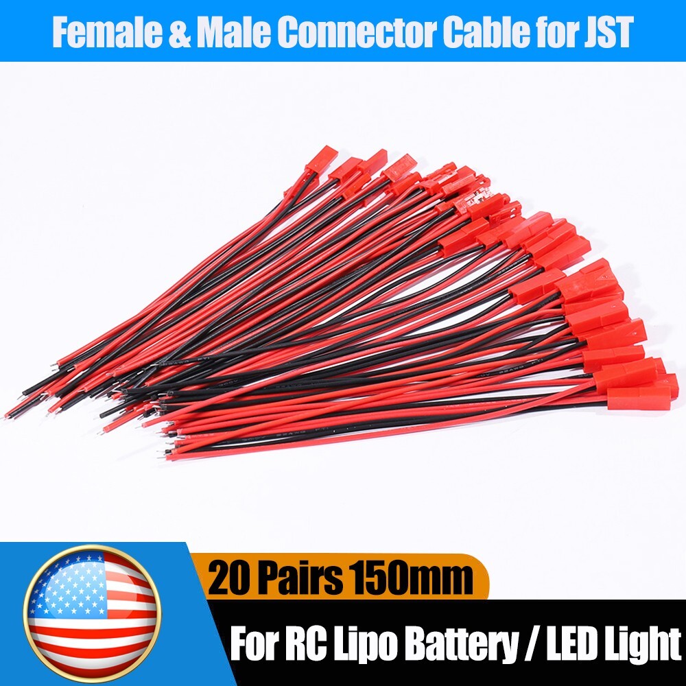 20set Cable Wire for JST Plug Male Female Connector RC Lipo Battery 1.25PH 2-Pin