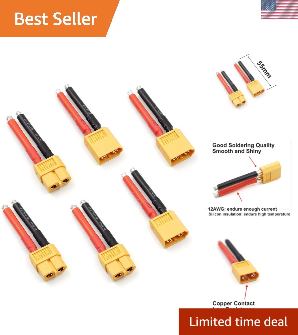 High-Performance 3 Pairs XT60 Connectors with 12AWG Silicone Wire – 55A Rating