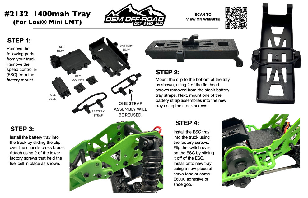 1400mah 2S Battery Tray (Fits Losi® Mini LMT) Works with stock 810mah 2s Lipo