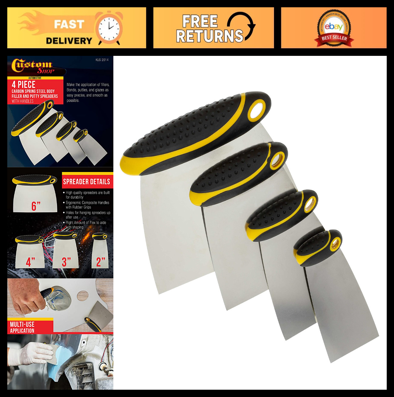 4-Piece Carbon Steel Body Filler Spreader & Putty Scraper Set – Ergonomic Handle
